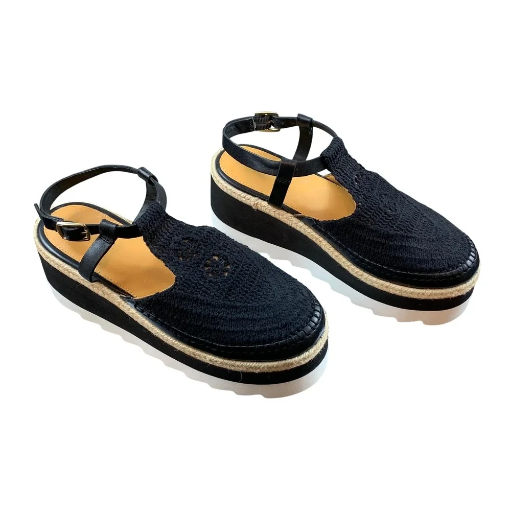 Free People Morning In Mykonos Espadrille Sandals Black Crochet Platform Size 9